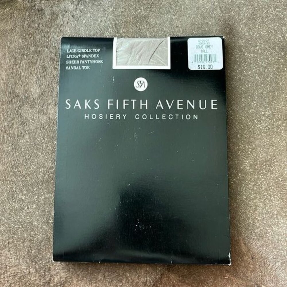 Saks Fifth Ave Dove Grey Tall Lace Girdle Sheer Sandal Toe Pantyhose Tights